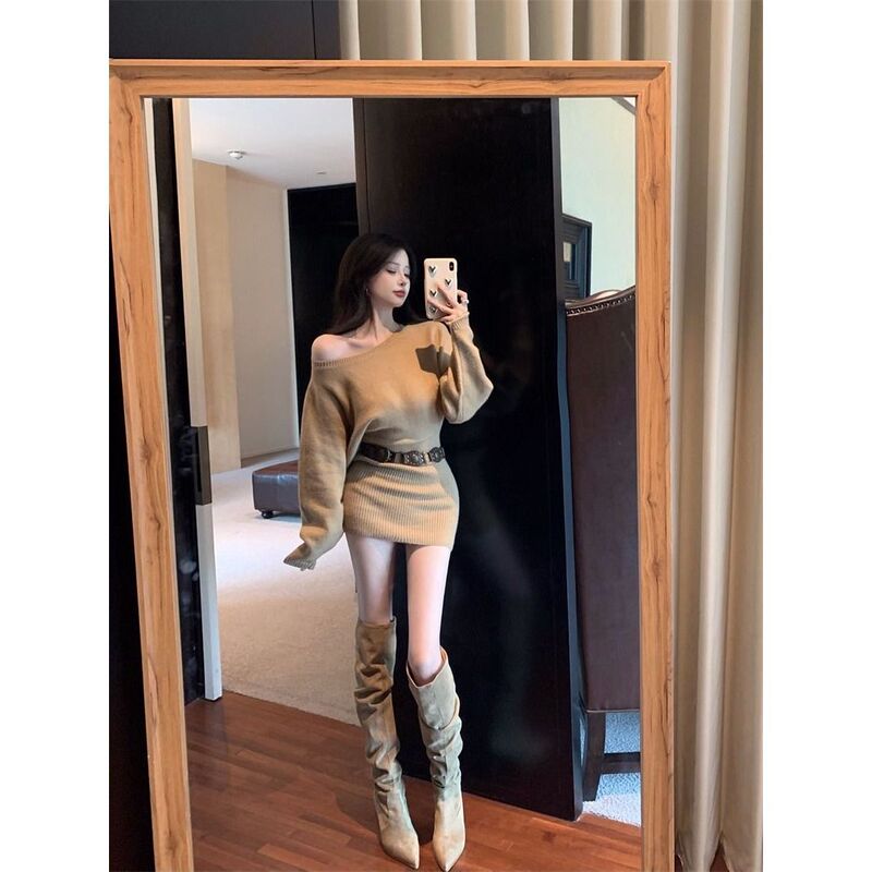 Autumn and Winter New Knit Dress for Women 2026 New Slim Fit Off-Shoulder Bodycon Sweater Short Dress Trendy