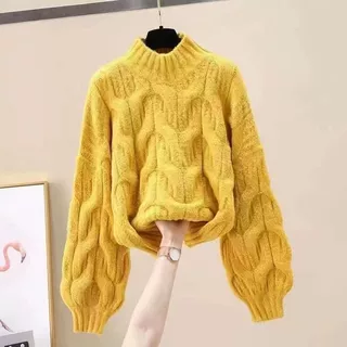韩版秋冬新款灯笼袖圆领麻花毛衣女宽松慵懒风纯色简约套头针织衫