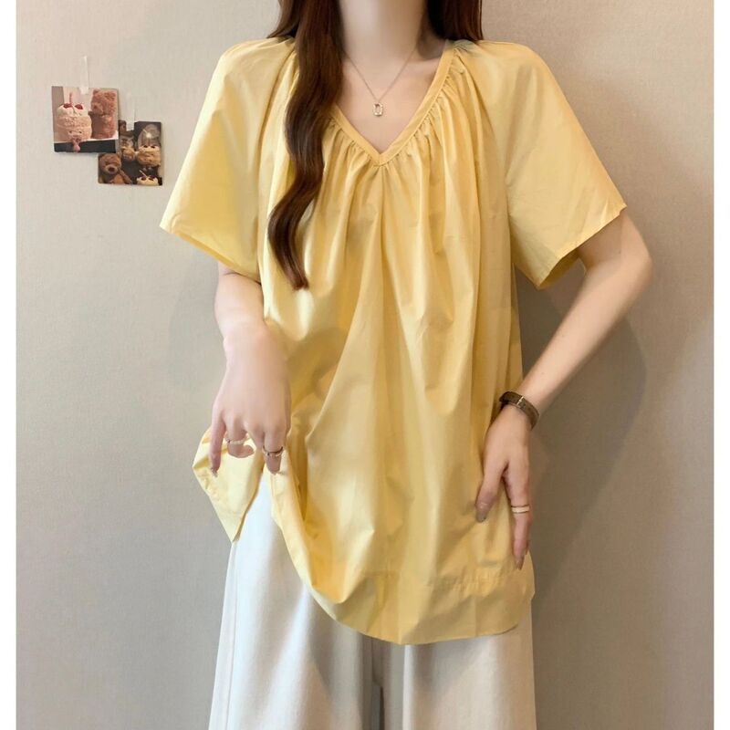大码设计感V领正肩短袖衬衫女夏季2025新款胖mm宽松显瘦遮肉上衣|undefined