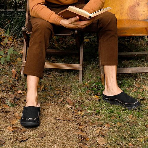 Men's Slip-On Soft Heel Slippers for Indoor and Outdoor Warm Plush Comfortly Padded Wide Deer Fur Non-Slip Home Shoes