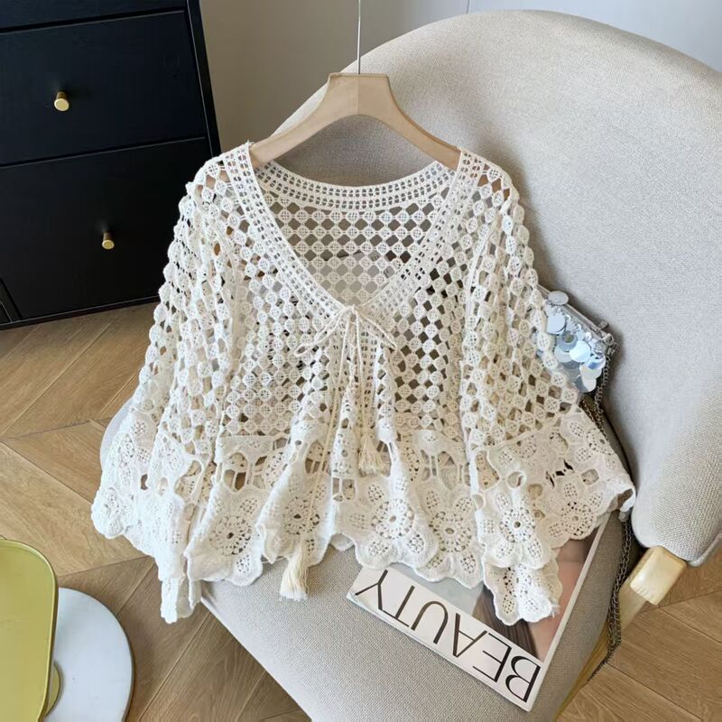 Spring Vacation Style Hollow-Out Crochet Bell-Sleeve Pullover Knit Sweater for Women, Loose and Versatile Tie-Up Sun Protection Cover-Up Top Spring Vacation Style Hollow-Out Crochet Bell-Sleeve Pullover Knit Sweater for Women, Loose and Versatile Tie-Up Sun Protection Cover-Up Top