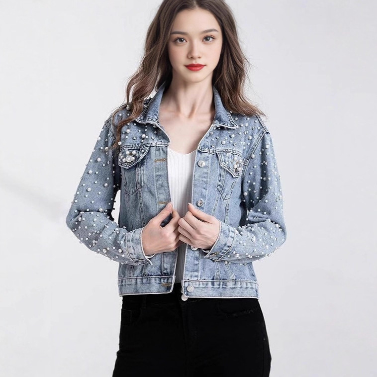 New European and American Foreign Trade Style Cross-Border Heavy-Duty Rhinestone-Studded Long-Sleeve Loose-Fitting Slimming Fashion Denim Jacket for Women