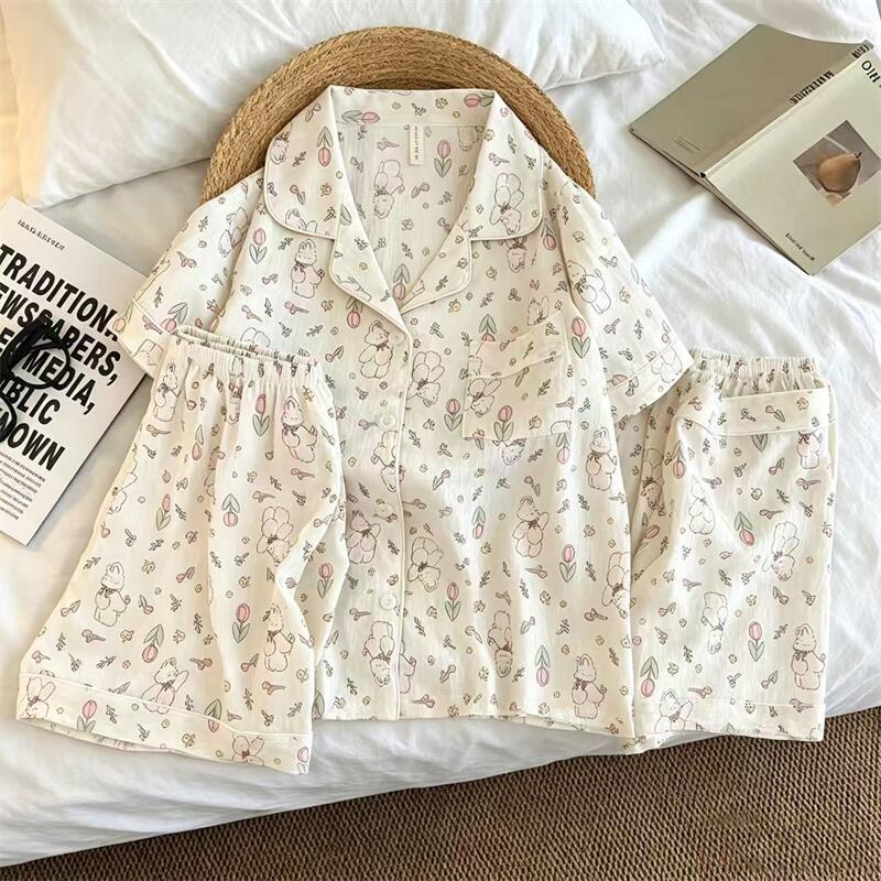 Tulip Rabbit Cloud Pure Cotton Gauze Pajamas Women's Summer Short-Sleeved Three-Piece Set High-End Loose Summer Home Clothes Tulip Rabbit Cloud Pure Cotton Gauze Pajamas Women's Summer Short-Sleeved Three-Piece Set High-End Loose Summer Home Clothes