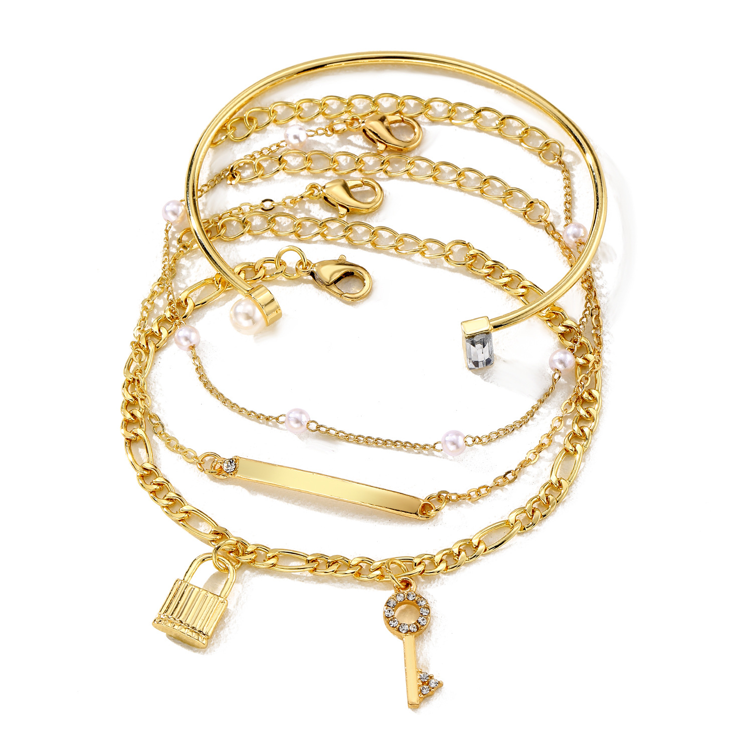 2 pezzi di gioielli con perle finte aperte da donna con bracciale con lucchetto in lega con chiave a cuore e diamante, set di 4_voghion.com