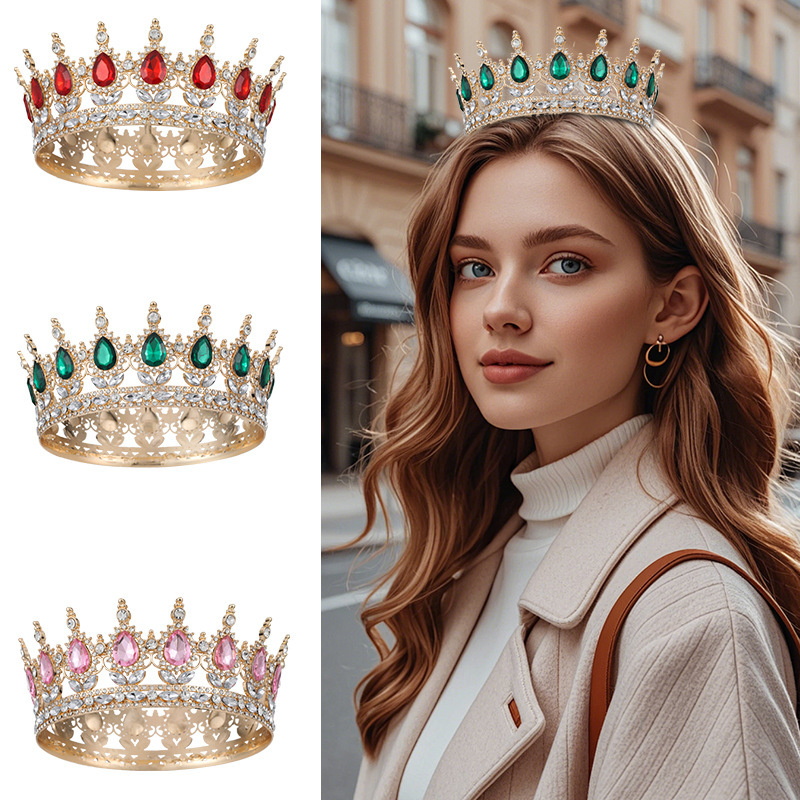 European and American Cross-Border Popular Bridal Alloy Crown Round Hair Crown Baroque Wedding Main Wedding Dress Headdress Birthday Crown European and American Cross-Border Popular Bridal Alloy Crown Round Hair Crown Baroque Wedding Main Wedding Dress Headdress Birthday Crown