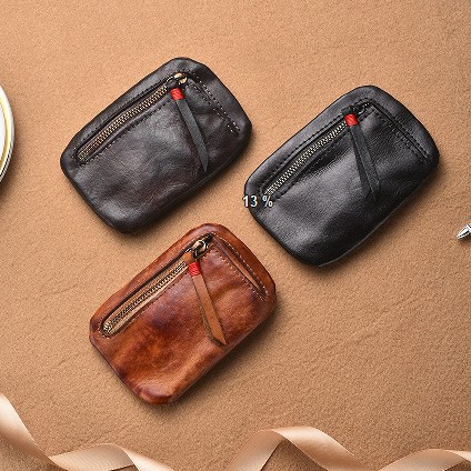 New cross-border cowhide key pouch, portable coin purse for hanging on the waist, vintage top-layer cowhide solid color storage bag wallet