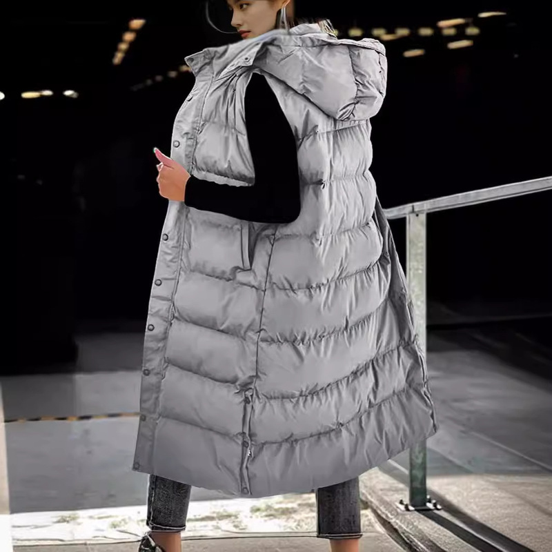 Cross-Border 2025 European and American Pure Color Extended Vest Hooded Top Women's Casual Fashion Zipper Single-Breasted Jacket