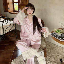 2024夏季新款女士冰雪丝睡衣v领薄款长裤长袖纯欲高级感家居服