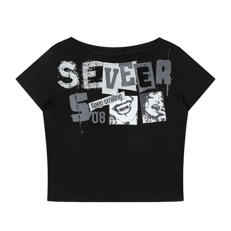 American-Style Trendy Women's Summer Loose-Fitting Versatile Top with a Spicy Design, Dark Style Print, and One-Shoulder Short Sleeves American-Style Trendy Women's Summer Loose-Fitting Versatile Top with a Spicy Design, Dark Style Print, and One-Shoulder Short Sleeves