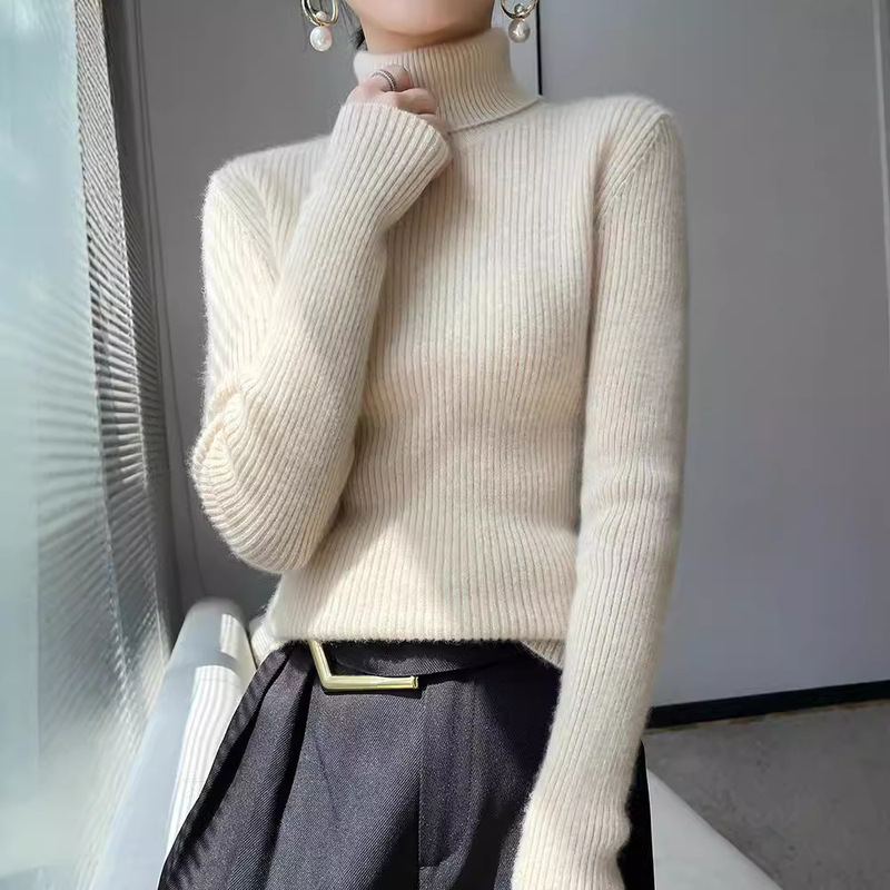 Cross-border Autumn and Winter New High Collar Women's Top Pile Collar Sweater Styline Slim-fit Knitted Inner Base Shirt Pit Strip Cross-border Autumn and Winter New High Collar Women's Top Pile Collar Sweater Styline Slim-fit Knitted Inner Base Shirt Pit Strip