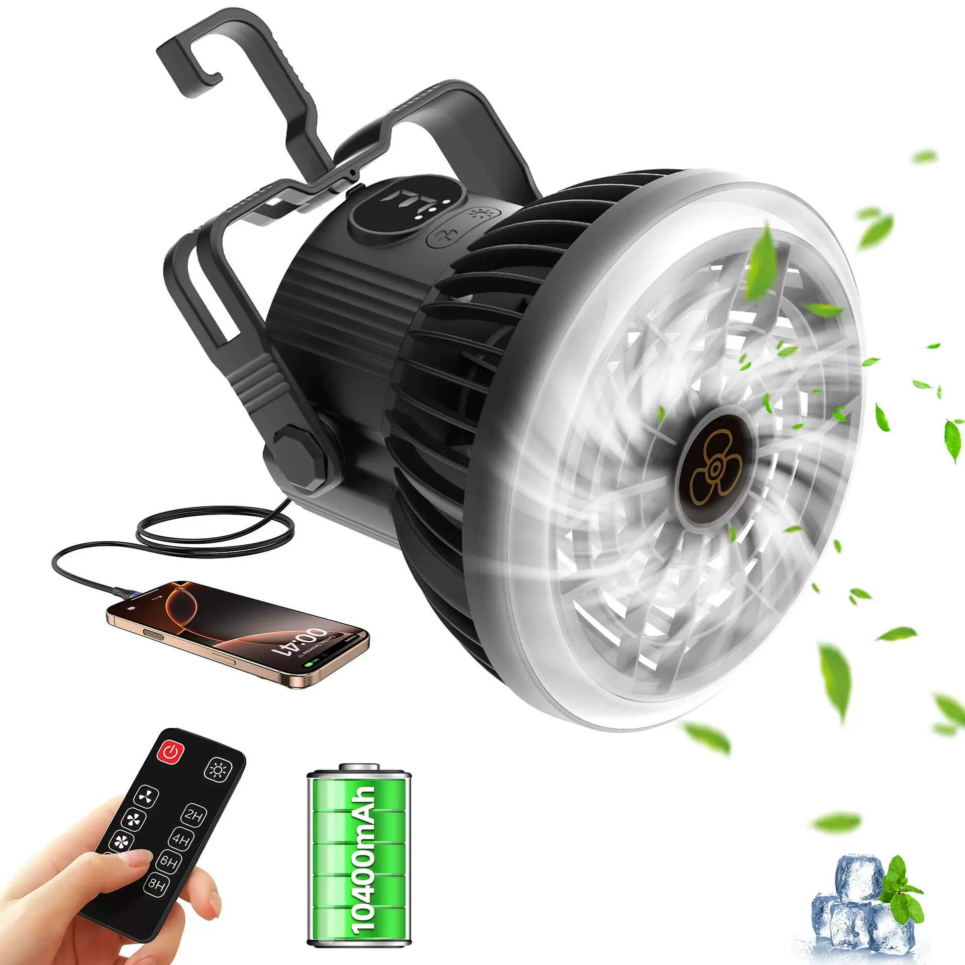 跨境户外露营风扇usb充电照明数显宿舍帐篷吊扇便捷式野营风扇灯