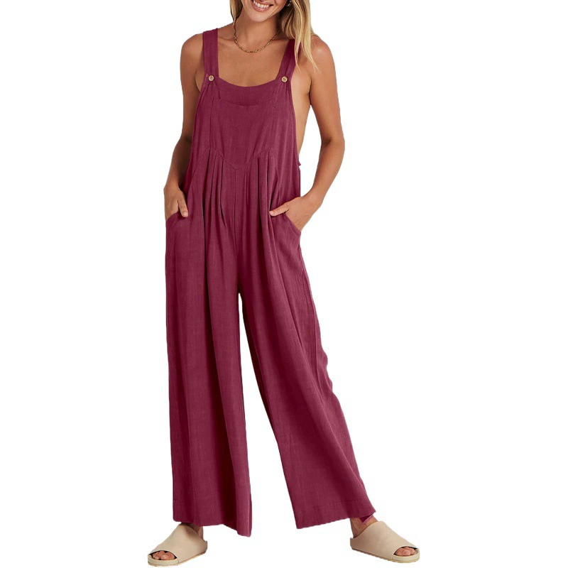 Трансграничная популярная независимая станция Amazon, европейские и американские Женские однотонные Свободные повседневные Комбинезоны из хлопка и льна на с подтяжками, трансграничные