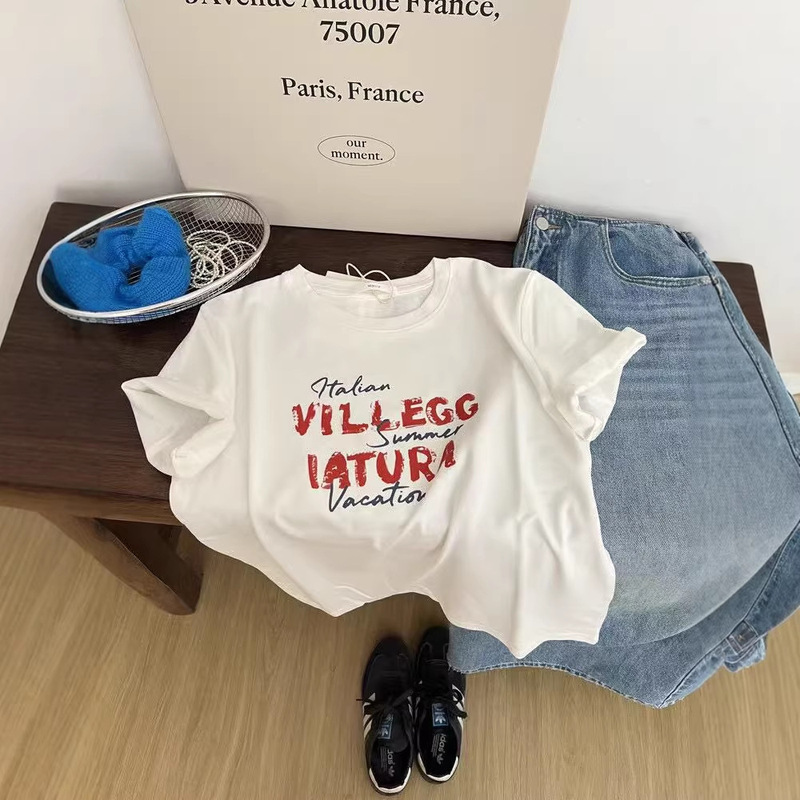 2026 Spring and Summer New Korean Style Simple Red Letter Round Neck Short-Sleeved Right Shoulder T-Shirt Loose Bottoming Top for Women 2026 Spring and Summer New Korean Style Simple Red Letter Round Neck Short-Sleeved Right Shoulder T-Shirt Loose Bottoming Top for Women