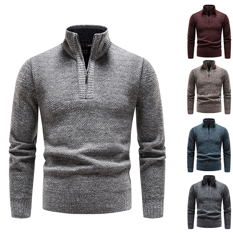 Knitted Sweater Solid Color Pullover Men Casual Quality Half High Collar Zip 100% Cotton Winter Male Fleece Sweaters_voghion.com