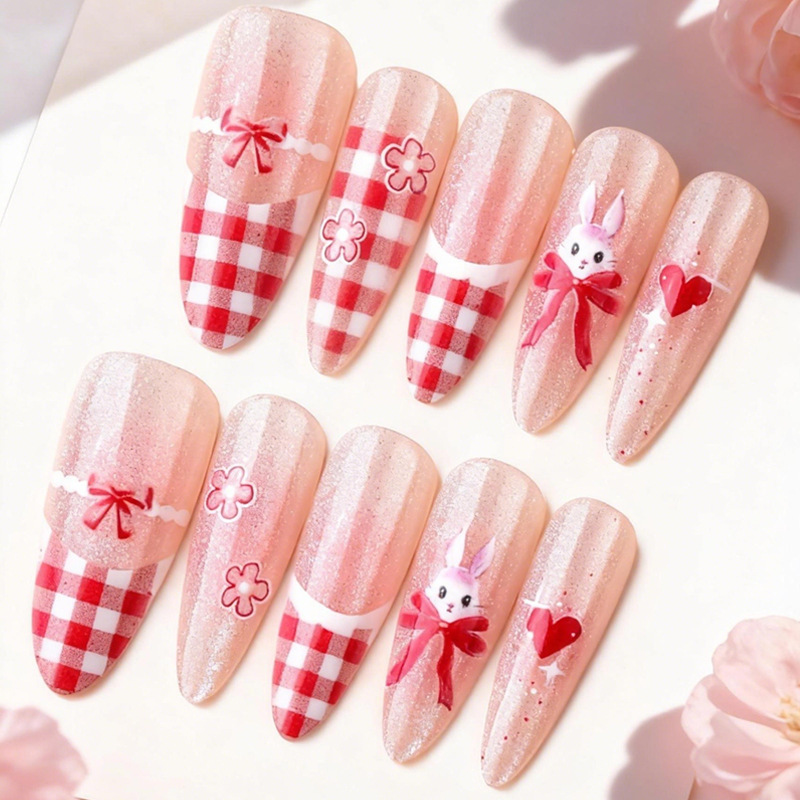 30 Pieces of Pink Checkered Bow Cartoon Rabbit Blush Crystal Cat Eye Wearable Nails Mid-Length Almond Manicure Pieces