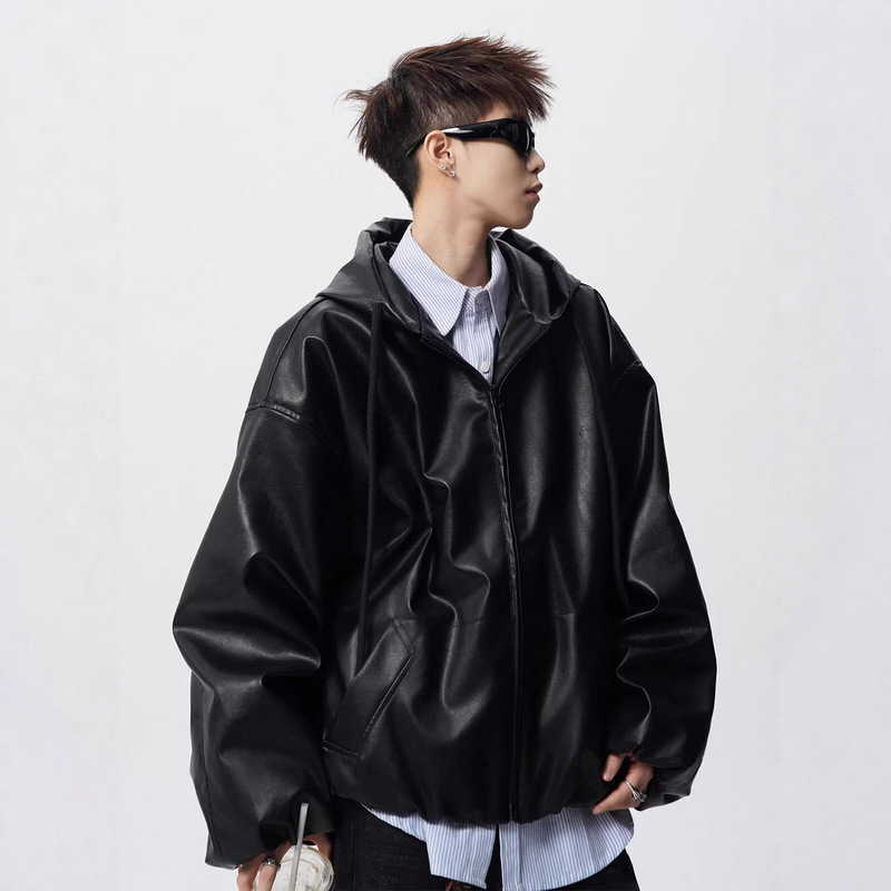 American Street Style Short Pu Leather Jacket for Men, Trendy Retro High-End Biker Leather Jacket with Hooded Silhouette