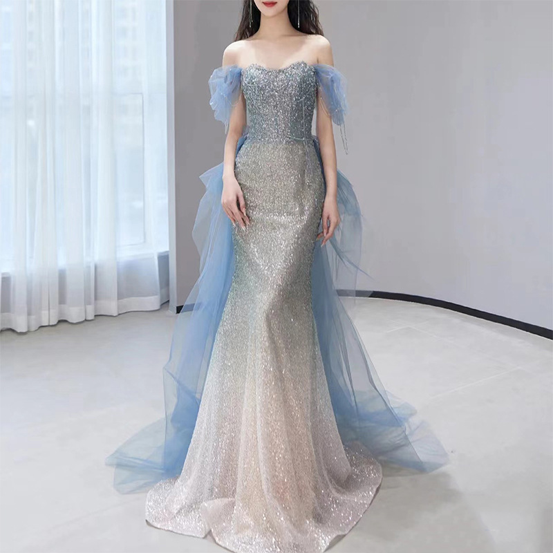 Gradient Blue Host Dress Starry Beaded Adult Ceremony Mermaid Ji Toast Dress Annual Meeting Shoulder Model Show