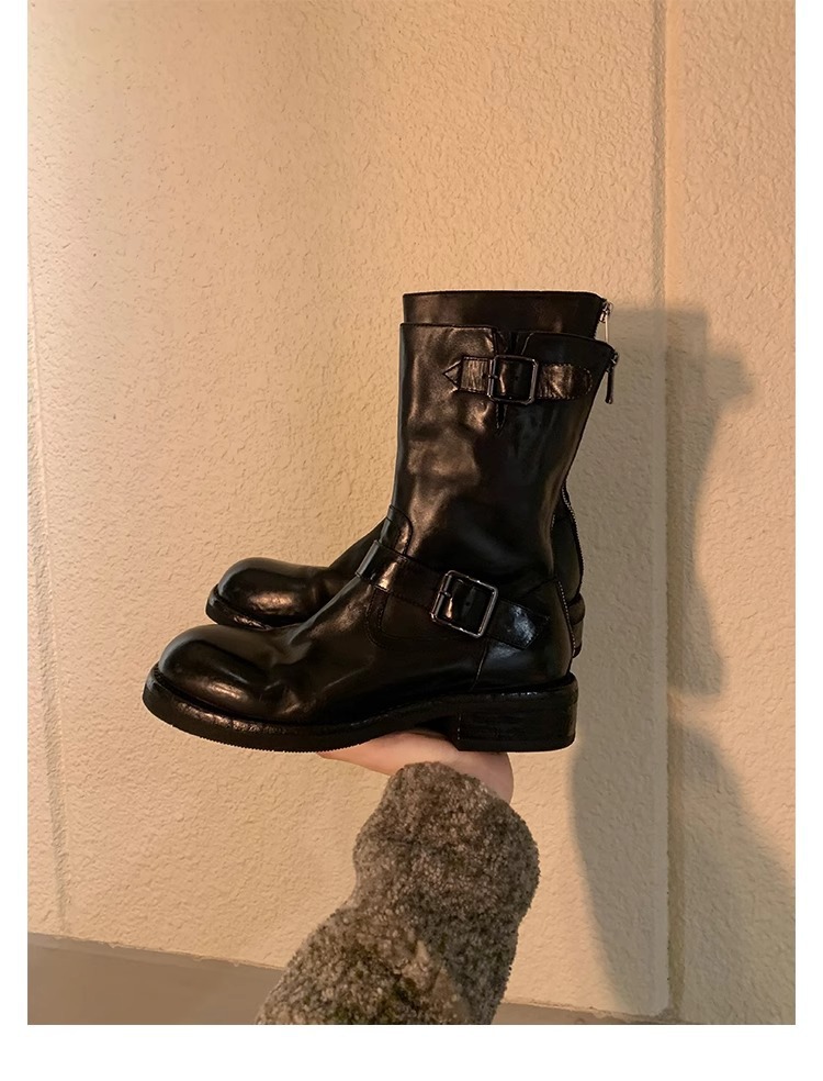 Modisches Schnallendesign, runde Zehenpartie aus Pferdeleder, kleiner dicker Absatz, hohe Absätze_voghion.com