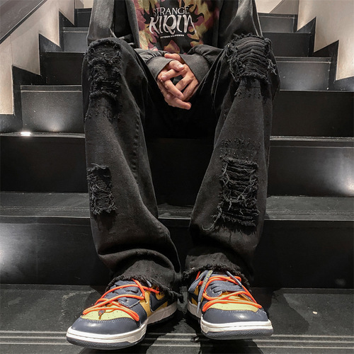 American and European streetwear distressed hole denim jeans for men, spring and autumn, Instagram trendy brand, high street straight-leg pants, loose and versatile, cool and stylish long pants