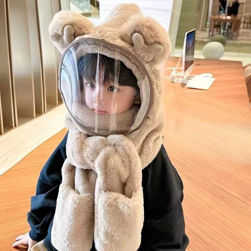 Детская шляпа Зимняя езда Тепловая плюшевая шляпа для мужчин и женщин Детская защитная маска для лица Детский шарф перчатки в одном шапке Ветрозащитный