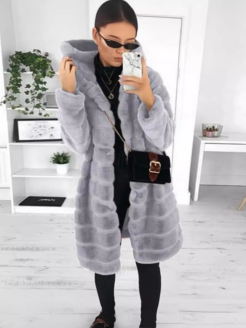 Cross-border fur wholesale autumn and winter imitation fur imitation mink long hooded fur coat women's coat warm