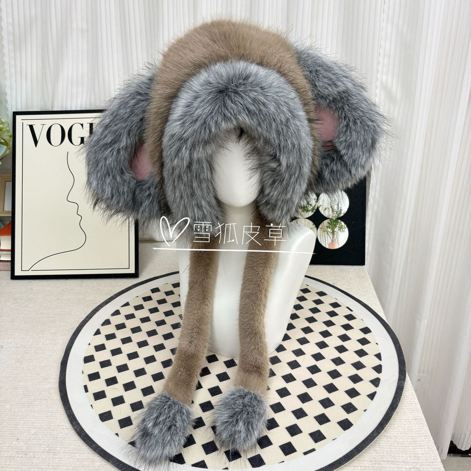 新款仿狐狸毛兔耳朵毛绒雷锋帽男女款冬季加绒加厚护耳防寒保暖帽