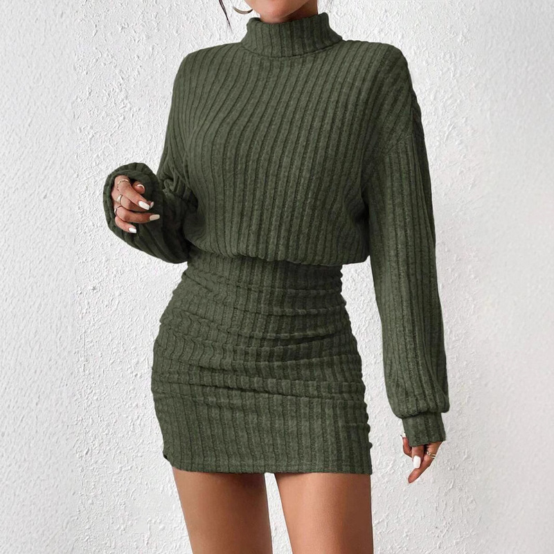 2026 Cross-Border Foreign Trade Amazon European and American Autumn New Style Hip-Hugging Long-Sleeve High-Neck Ribbed Knit Sexy Dress