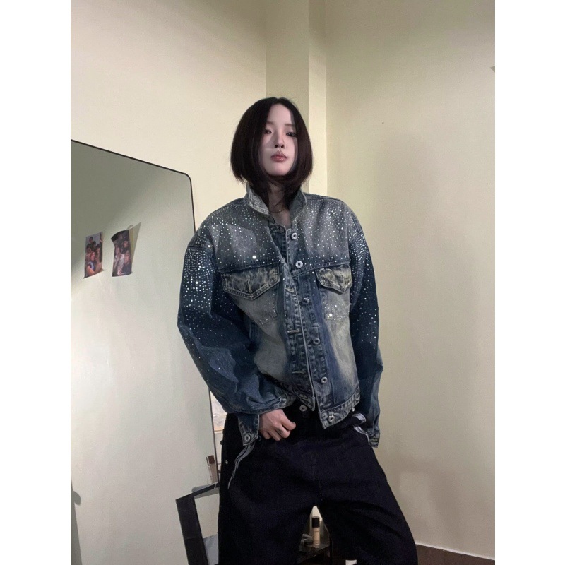 跨境外贸满天星水洗渐变牛仔外套女秋美式重工夹克高街设计感上衣