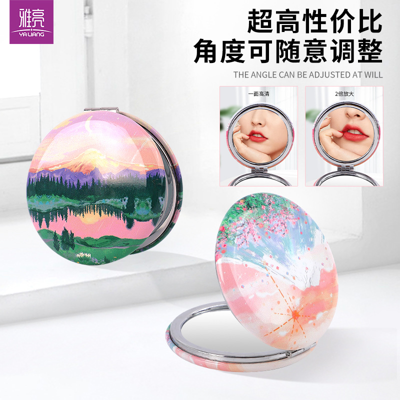 Espejo de doble cara de estilo pintado colorido creativo Espejo portátil Espejo plegable de plástico Espejo de pan Color rico y brillante Imagen personalizada