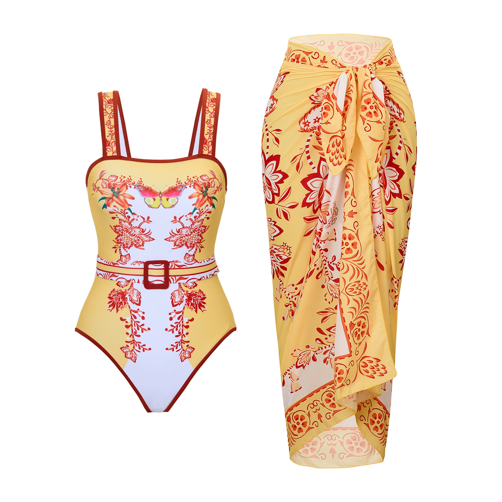 One-Piece Swimsuit (Qiao Jiayuan) 2025 Retro Style with Wrap Skirt, Crane Print, S–XL & One Size