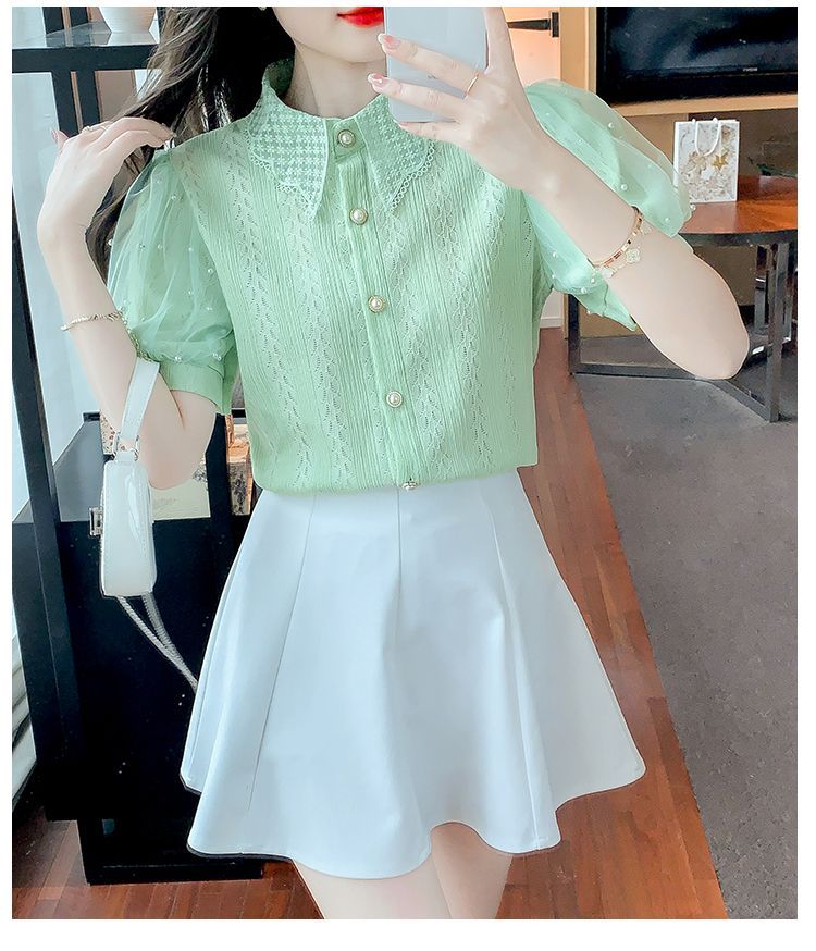 Camicetta da donna in pizzo con maniche a palloncino in rete con perline, cardigan estivo a maniche corte, top trasparente casual, abbigliamento da strada alla moda_voghion.com