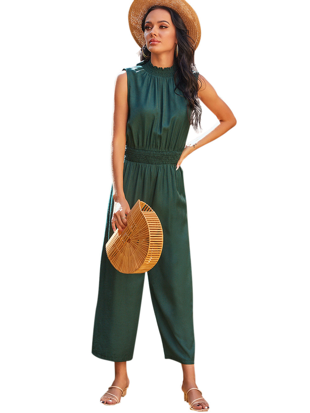 casual halter dark green sleeveless jumpsuit  NSDF36052