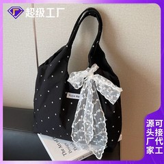 日韩波点单肩布包少女蕾丝通勤腋下包大容量潮学生托特包帆布包袋