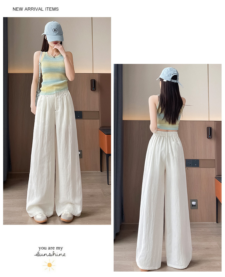Quần ống rộng vải lụa băng đa năng nữ, phong cách sang trọng mỏng nhẹ mùa hè, quần ống đứng vải lanh Tencel — Màu xanh hải quân (kiểu thông thường) chi tiết 32