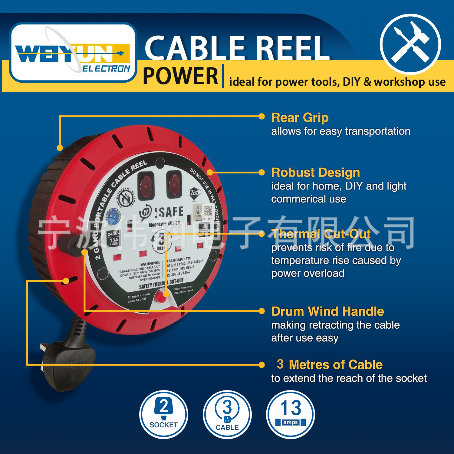 厂家直供英式大转盘 一体式插头 WY-881 双插座盒式磁带卷盘延长