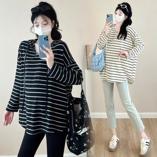 Plus Size Maternity Hooded Striped Long-Sleeve T-Shirt for Women Spring and Autumn 100kg Loose Slimming Casual Thin Style for Chubby Women Trendy Top