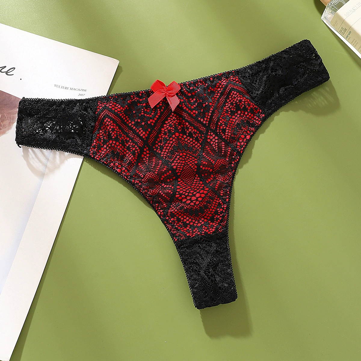 Трусики-танга с кружевными вставками, цветочным узором, дышащие, бесшовные, с низкой посадкой, цветными блоками и бантом, сексуальные, кружевные