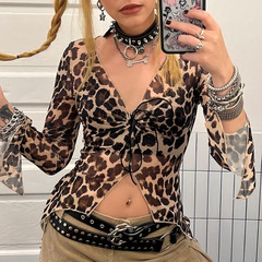 Savadika Q24TP532 European and American ins autumn new fashion sexy leopard print irregular navel long sleeve T-shirt