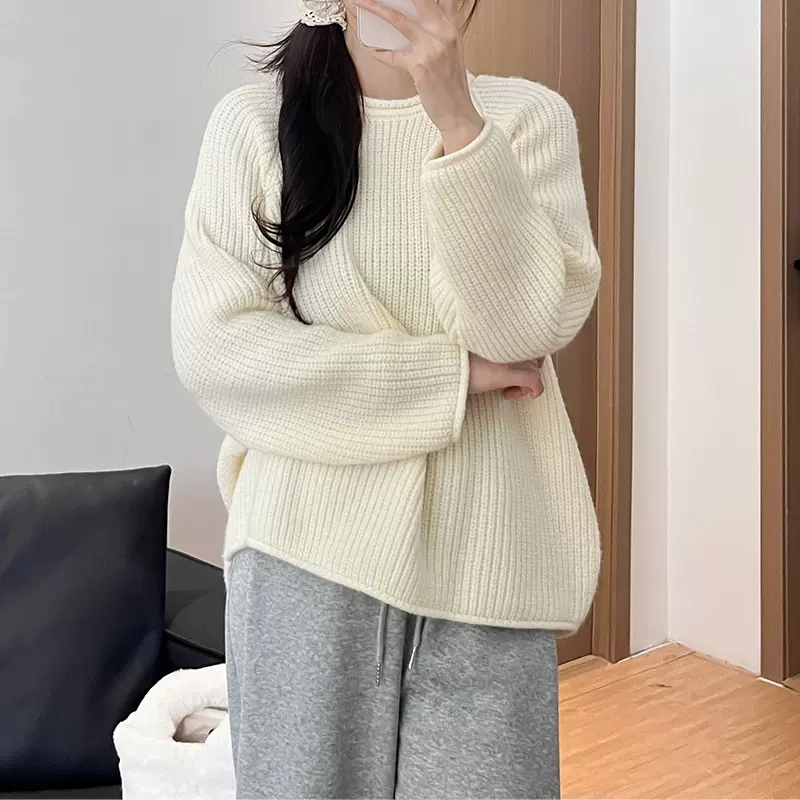 米白色套头毛衣女秋冬2025新款宽松软糯慵懒风小个子针织圆领上衣
