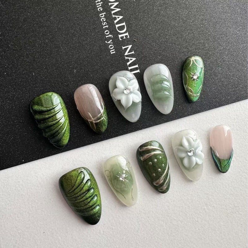 Daily Short European and American Wearable Nails 3D High-End Fake Nails Pure Handmade Short Almond Carved Wearable Nails