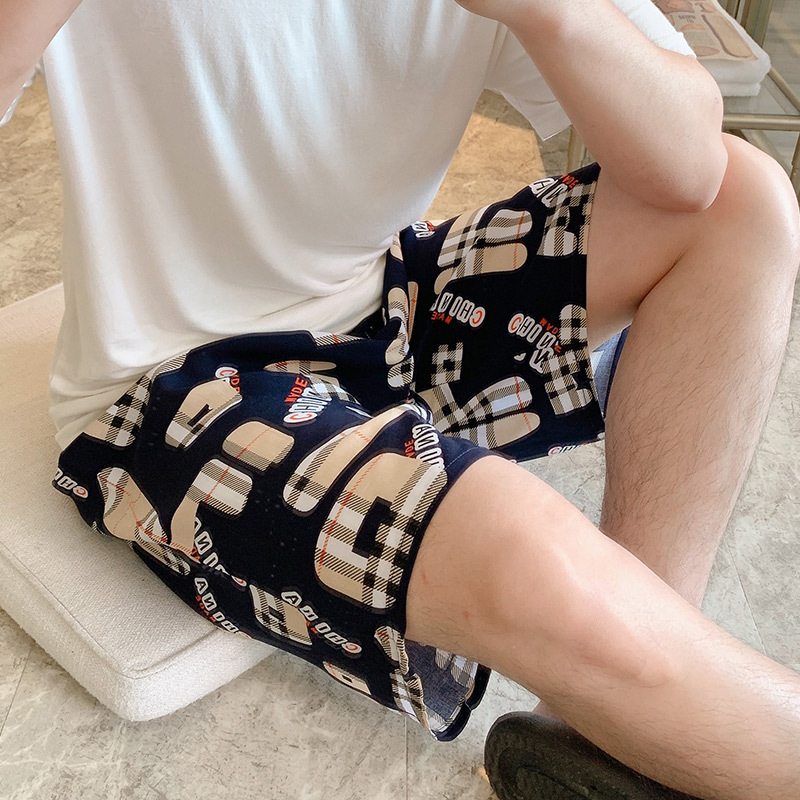 남자 반바지-커피 격자 무늬 편지