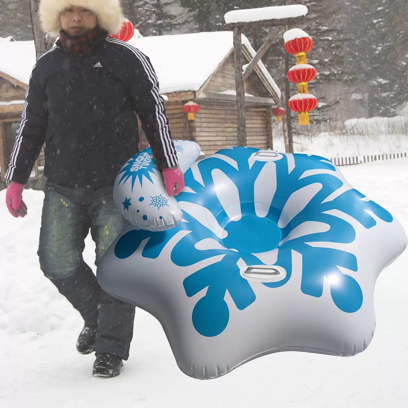 新款现货充气雪花滑雪圈 成人滑雪座圈拖拉圈 耐寒加厚pvc滑雪胎