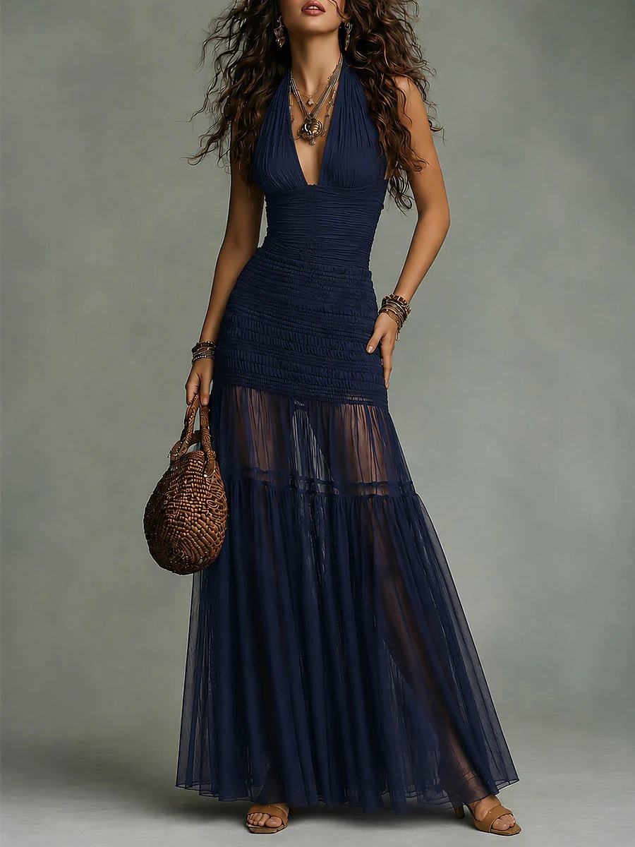 Navy Blue Halter Neck Deep V-Neck Ruched Waist See-Through Mesh Long Dress European and American Style Holiday Vibe Slim-Fit Floor-Length Gown