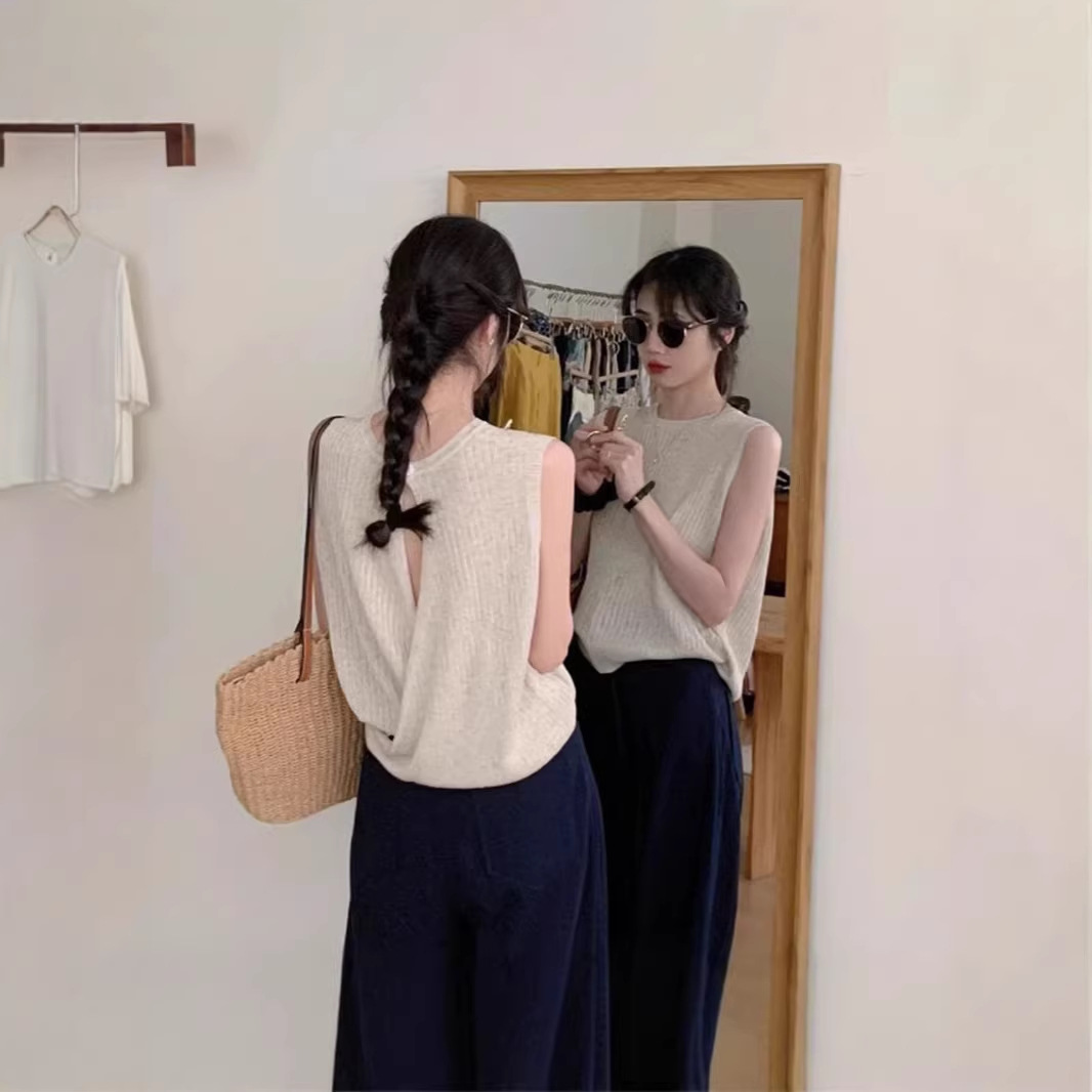 Áo hai dây nữ dệt kim mát lạnh phong cách Pháp hở lưng tinh tế — đen chi tiết 1