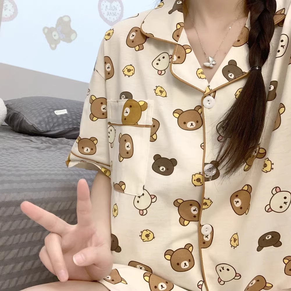 귀여운 리락쿠마 잠옷 여성용 봄 여름 니트 면 반팔 반바지 학생용 루즈핏 큰 사이즈 여름 홈웨어 세트