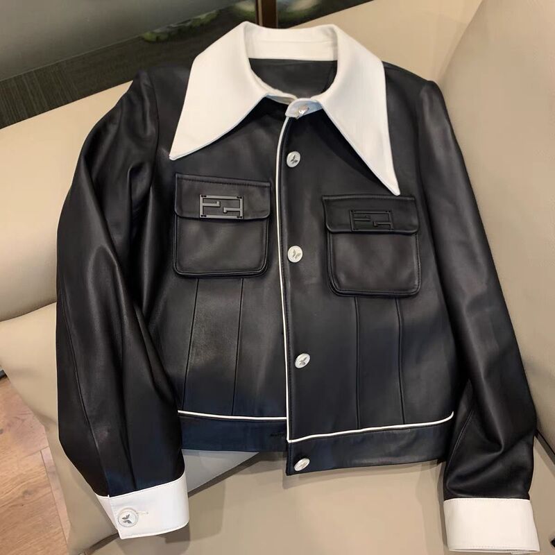 Designed Black and White Contrasting Lapel Leather Jacket for Women New Fashion Style Casual Jacket Autumn