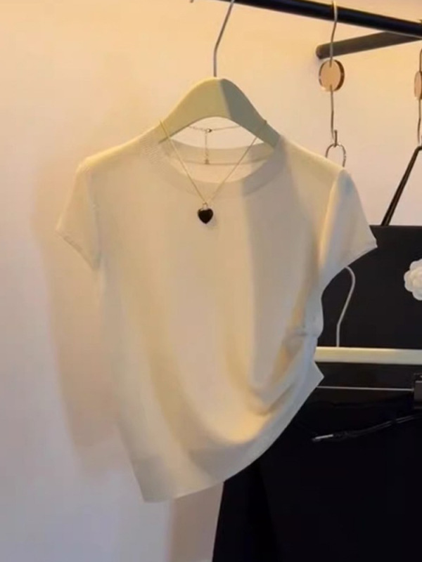 フレンチブルーアイスシルクスモールフライングスリーブ半袖ニットTシャツレディースサマーデザインニッチスリムフィットショートトップ薄手|undefined