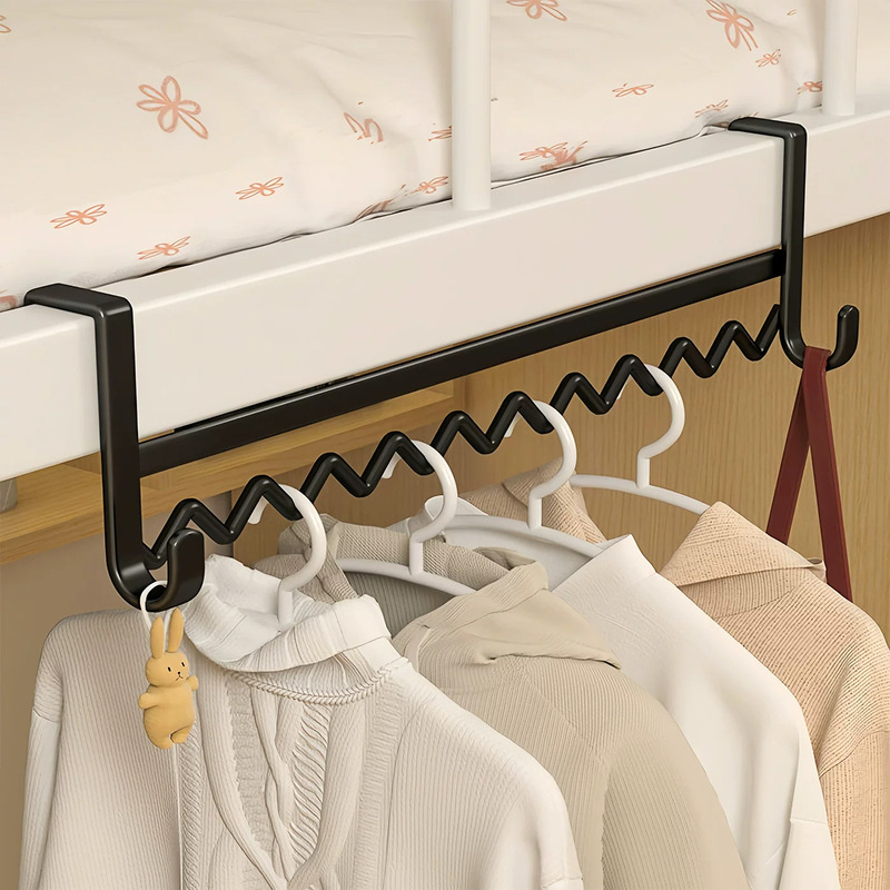 Useful items for dorms: bedside wave-shaped clothes hanger, a handy clothes hook, and a bed organizer for upper and lower bunks