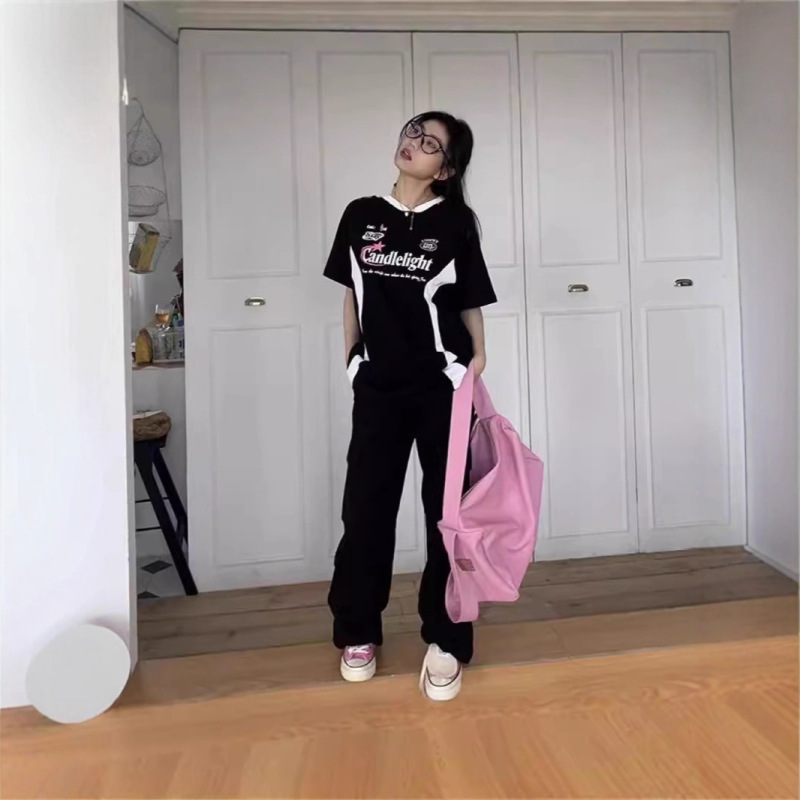 时尚潮牌爆款百搭机车拼色印花短袖t恤女夏季拼接宽松百搭上衣ins|undefined