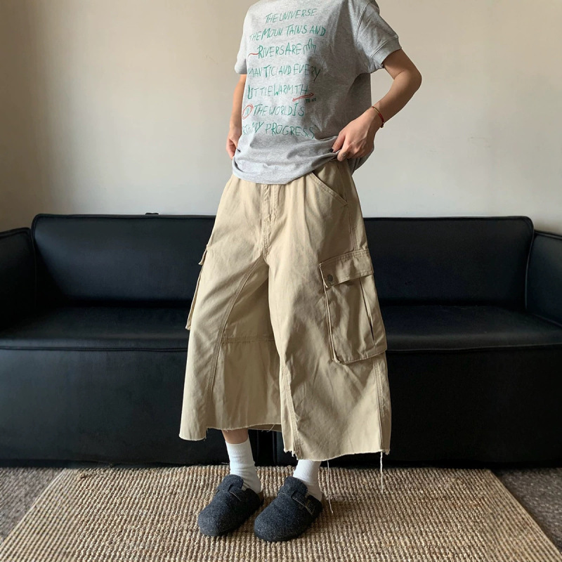 Multi-Pocket Frayed Work Shorts for Men and Women, Summer American Retro Straight Loose Wide-Leg Casual Cropped Pants Trendy Multi-Pocket Frayed Work Shorts for Men and Women, Summer American Retro Straight Loose Wide-Leg Casual Cropped Pants Trendy